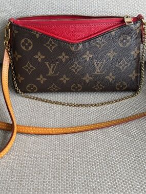 Louis Vuitton Monogram Crossbody Pochette in Brown with Red Accent and Tan Strap